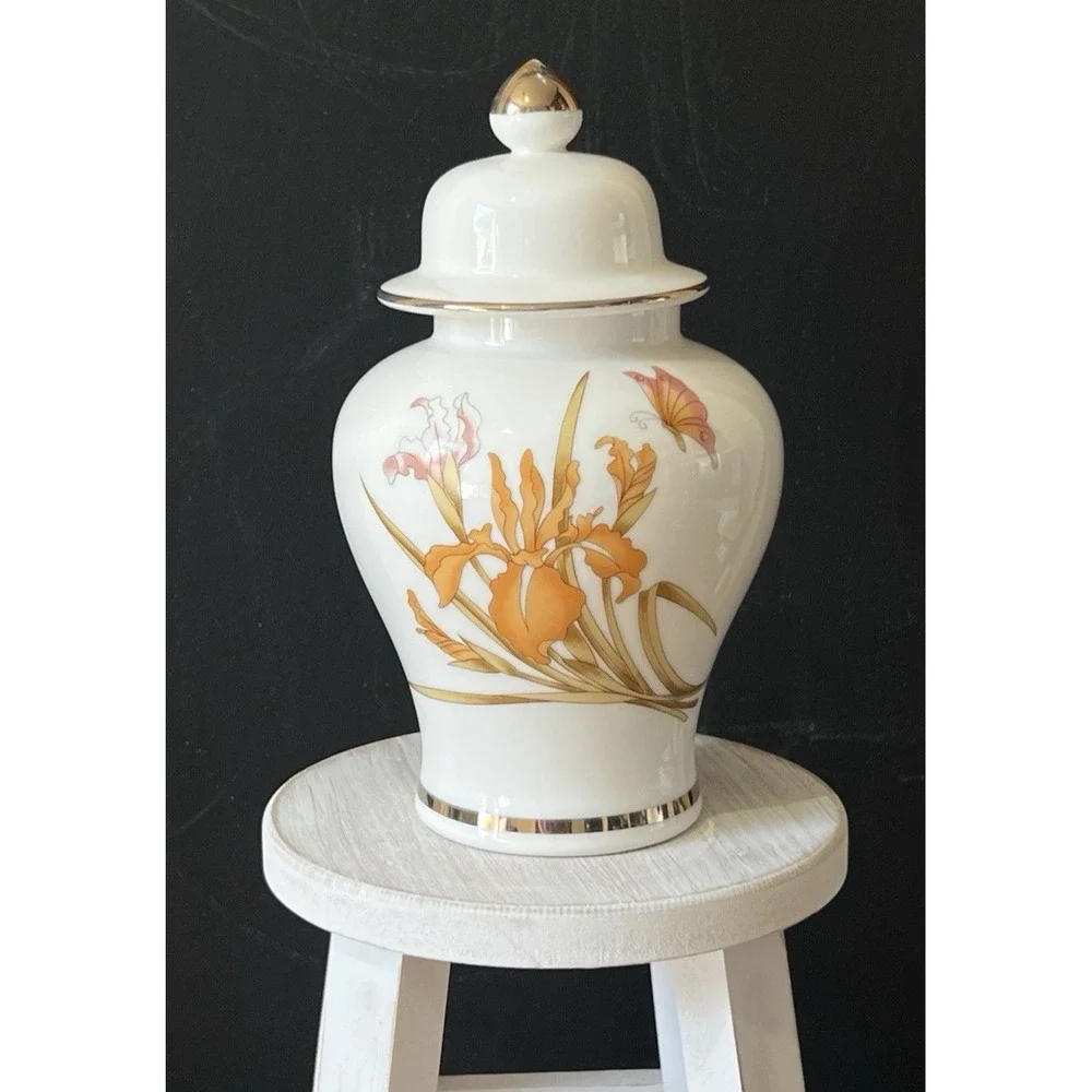 Vintage Japan Floral Decor Ginger Jar Gold Trim Iris & Butterfly on White 7.5